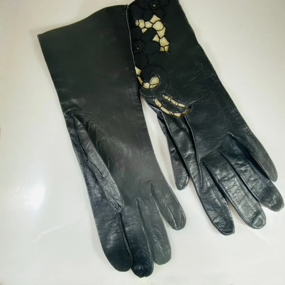 Beautiful Vintage Black Leather cut out lace pattern gloves